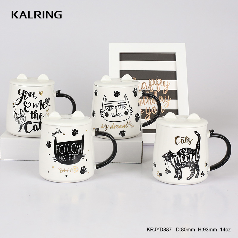 Porcelain mug  new bone china mug with cover ceramic bowl and mug with spoon with cat design