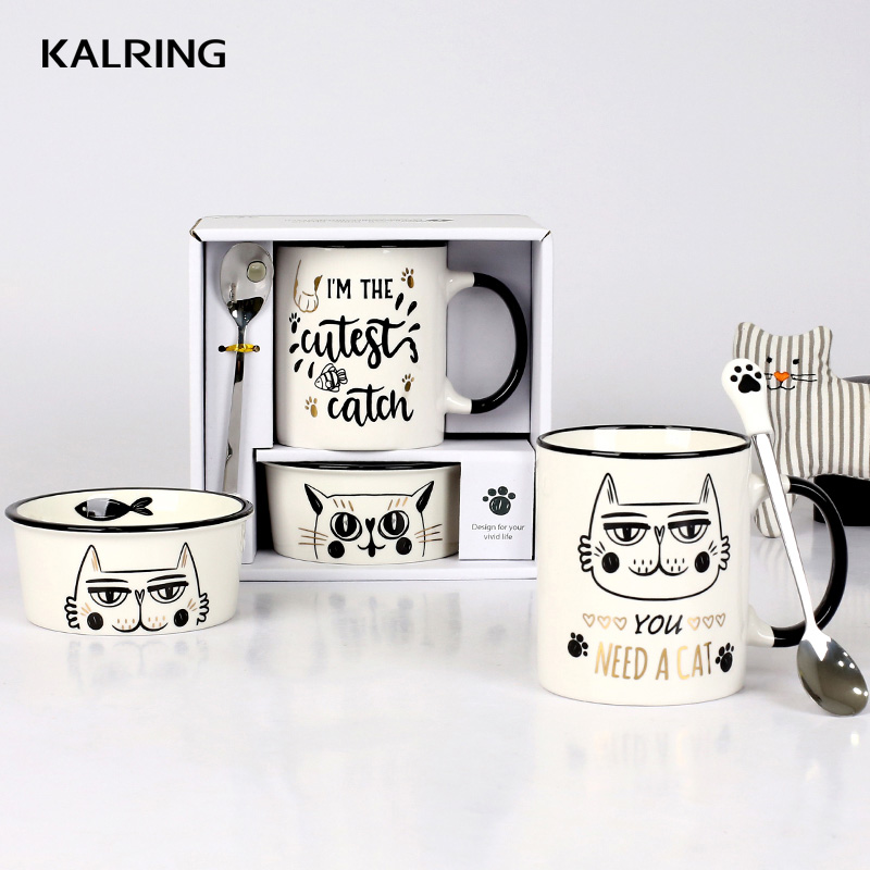 Porcelain mug  new bone china mug with cover ceramic bowl and mug with spoon with cat design